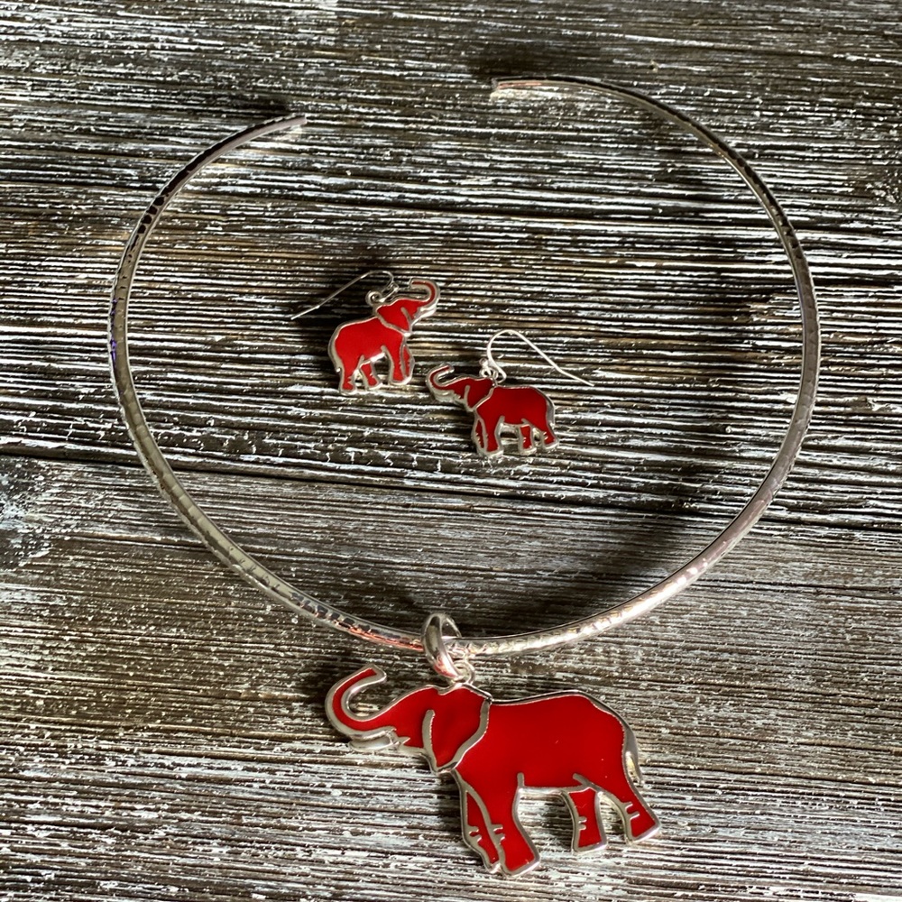 Silver and Red Elephant Necklace and Earrings Set